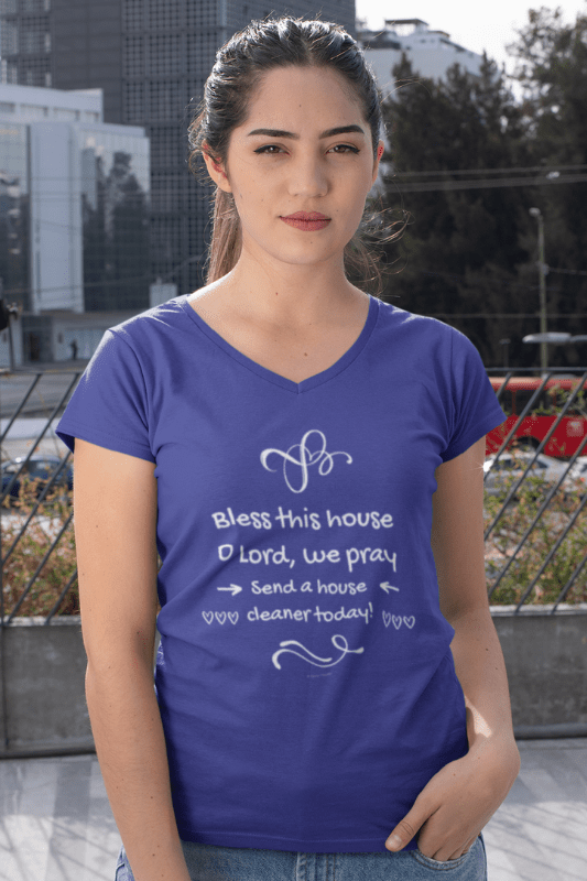 Bless This House Savvy Cleaner Funny Cleaning Shirts Women's Classic V-Neck T-Shirt