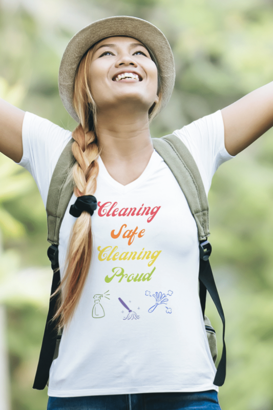 Cleaning Safe Cleaning Proud Savvy Cleaner Funny Cleaning Shirts Women's Classic V-Neck Tee