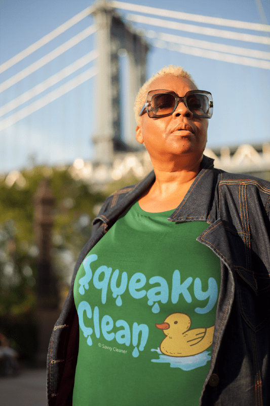 Squeaky Clean, Savvy Cleaner T-Shirt, Woman in Green